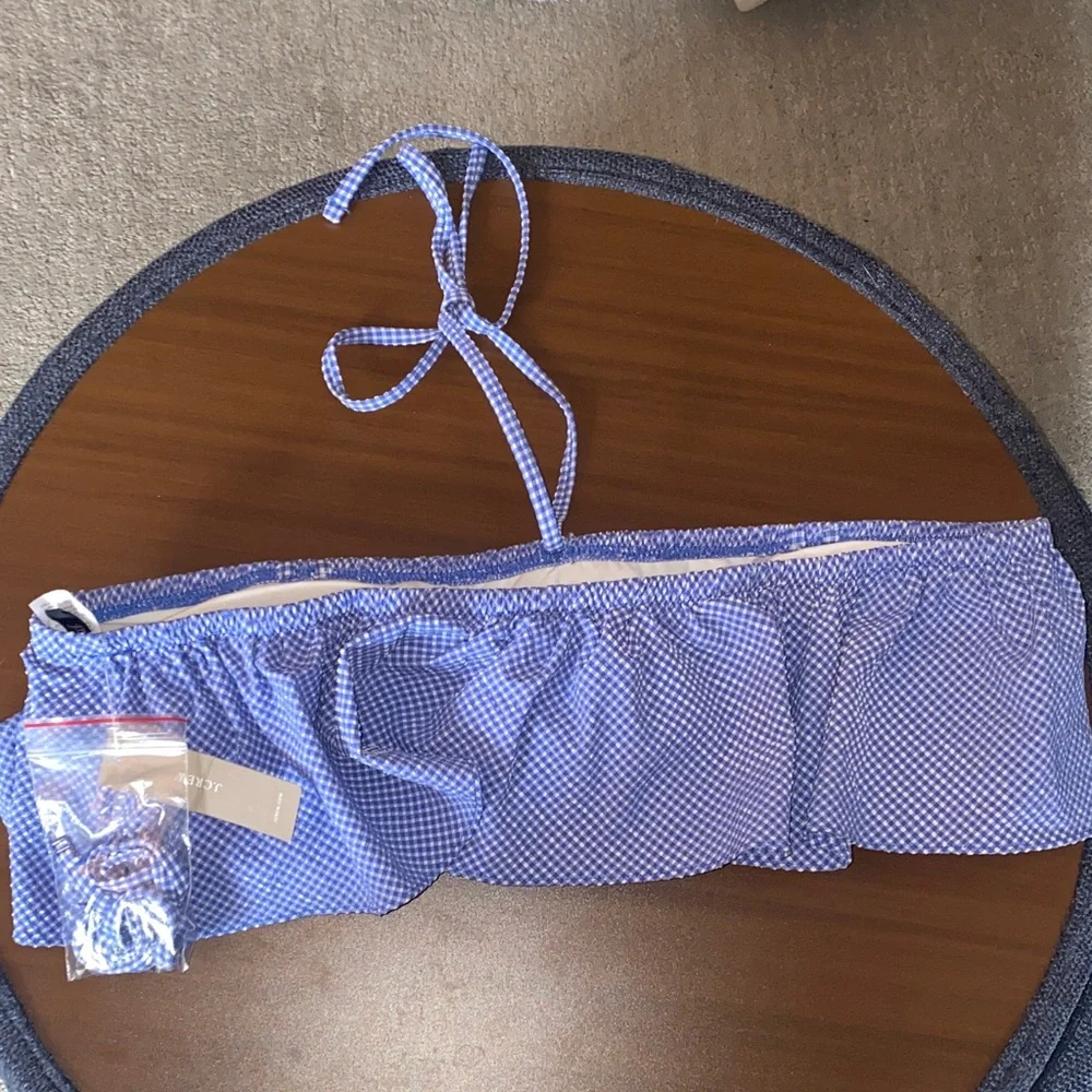 J. Crew Blue & White Ruffle bandeau bikini top in tiny gingham. Size XL.